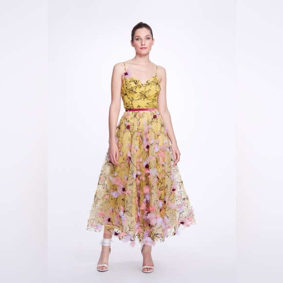 Marchesa V-NECK EMBROIDERED TULLE TEA DRESS IN MARIGOLD wedding guest event 2 - Picture 1 of 11